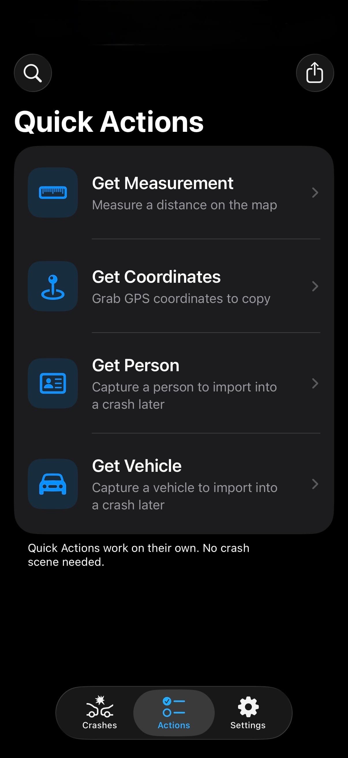 TACWAC Quick Actions screen with Search Crashes and Share Package above Get Measurement, Get Coordinates, Get Person, and Get Vehicle