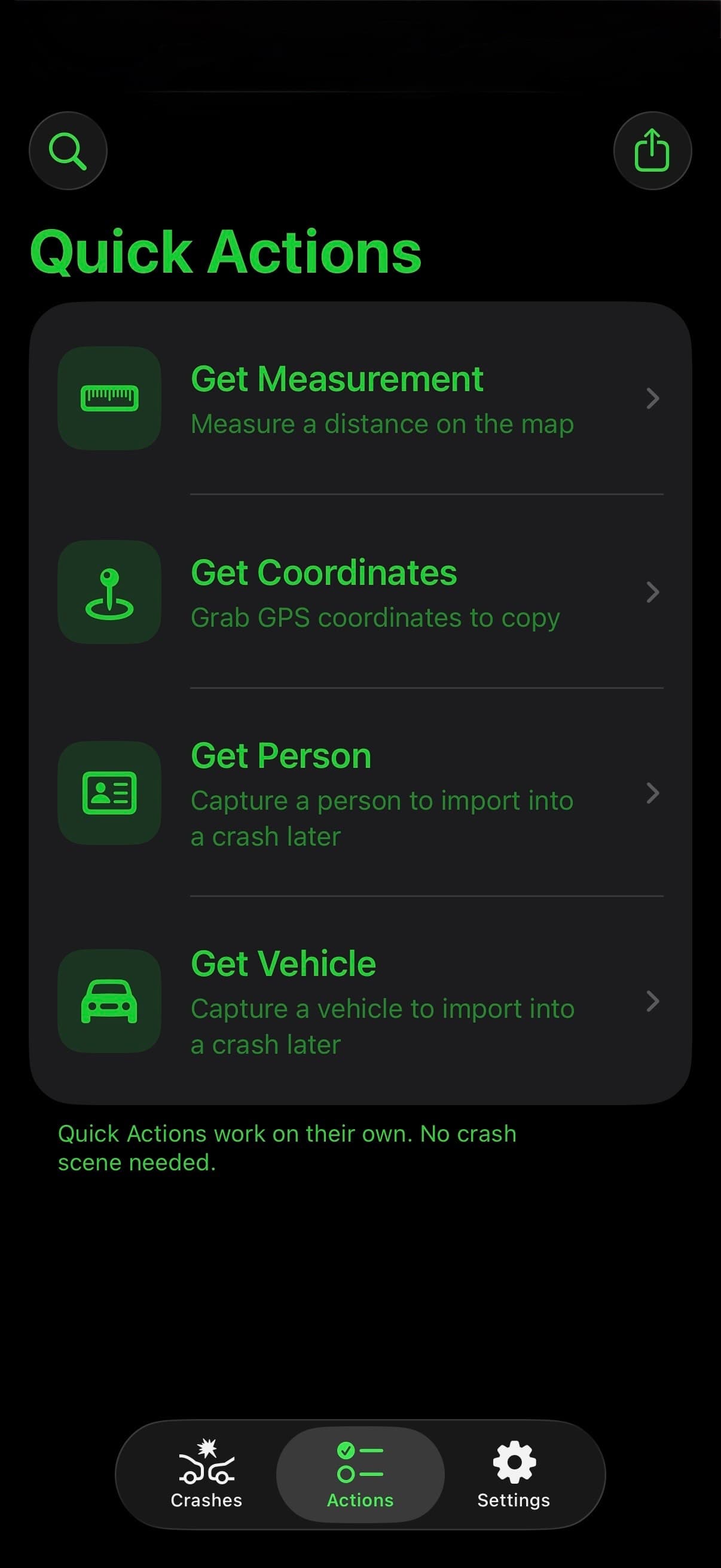 TACWAC Quick Actions screen with Search Crashes and Share Package above Get Measurement, Get Coordinates, Get Person, and Get Vehicle
