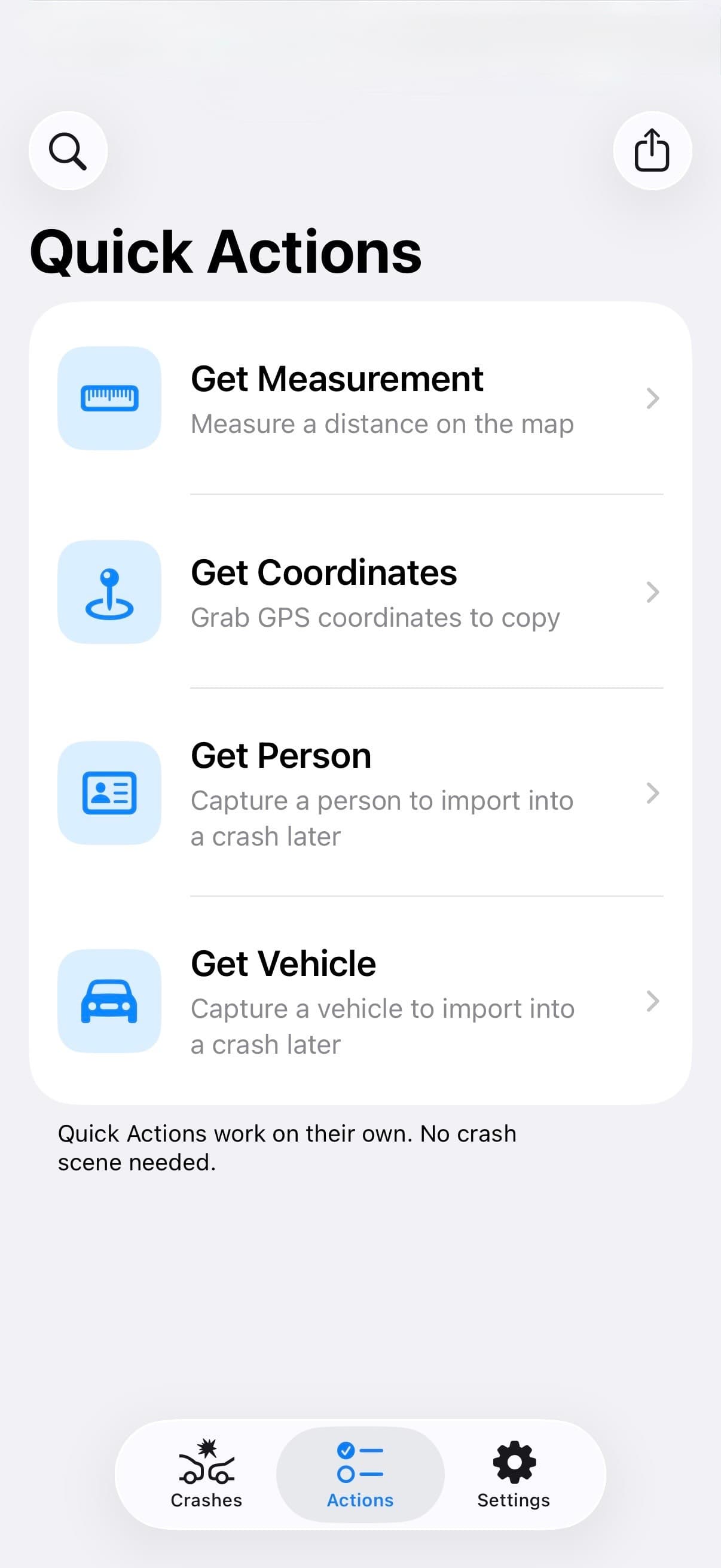 TACWAC Quick Actions screen with Search Crashes and Share Package above Get Measurement, Get Coordinates, Get Person, and Get Vehicle