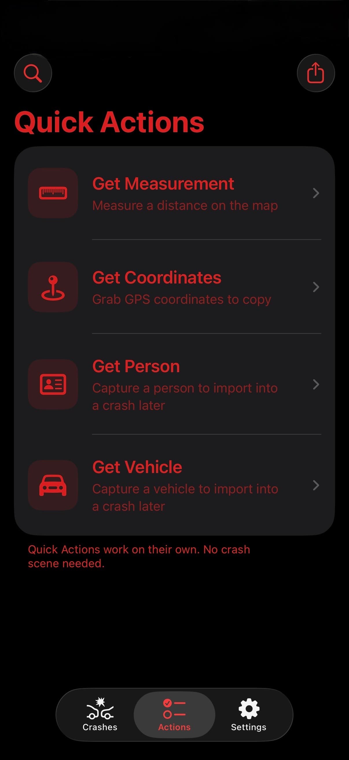 TACWAC Quick Actions screen with Search Crashes and Share Package above Get Measurement, Get Coordinates, Get Person, and Get Vehicle