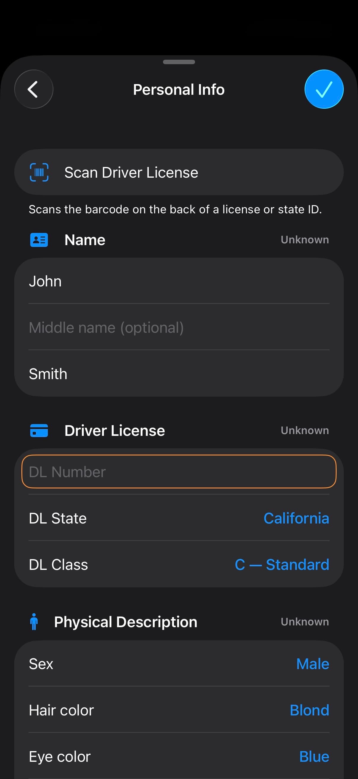 TACWAC Personal Info screen with driver-license barcode scanning and linked identity fields