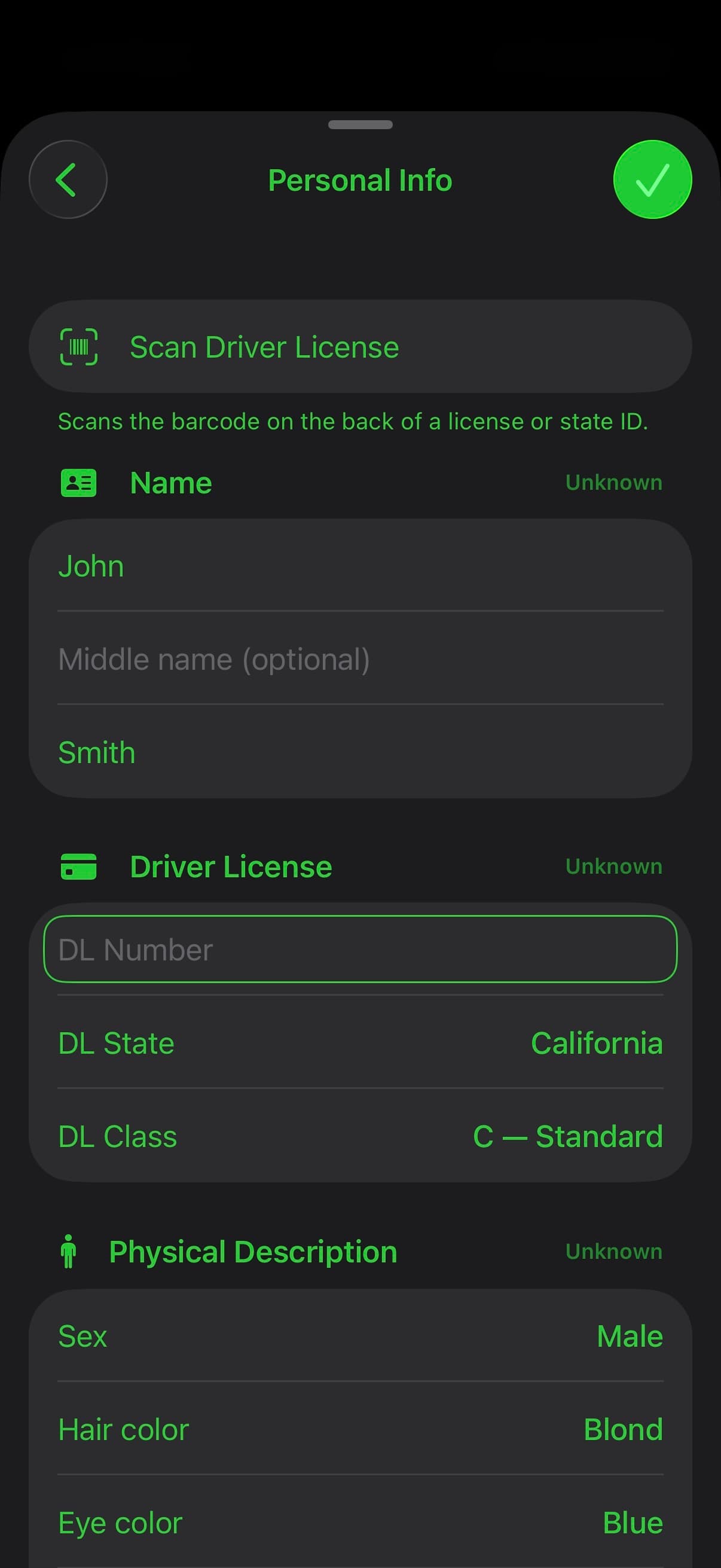 TACWAC Personal Info screen with driver-license barcode scanning and linked identity fields