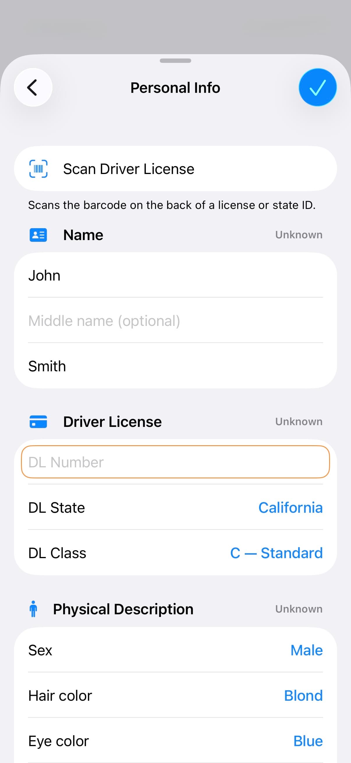 TACWAC Personal Info screen with driver-license barcode scanning and linked identity fields