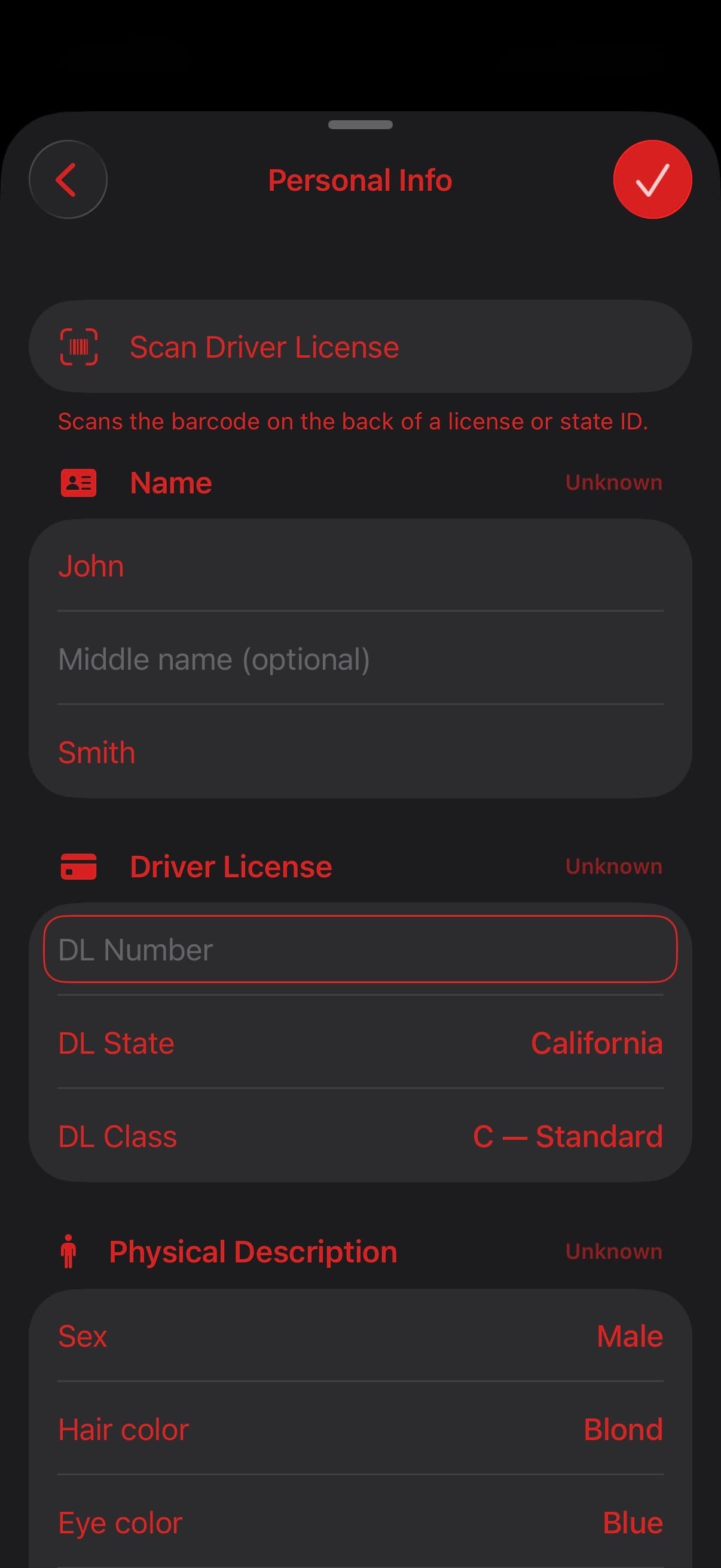 TACWAC Personal Info screen with driver-license barcode scanning and linked identity fields