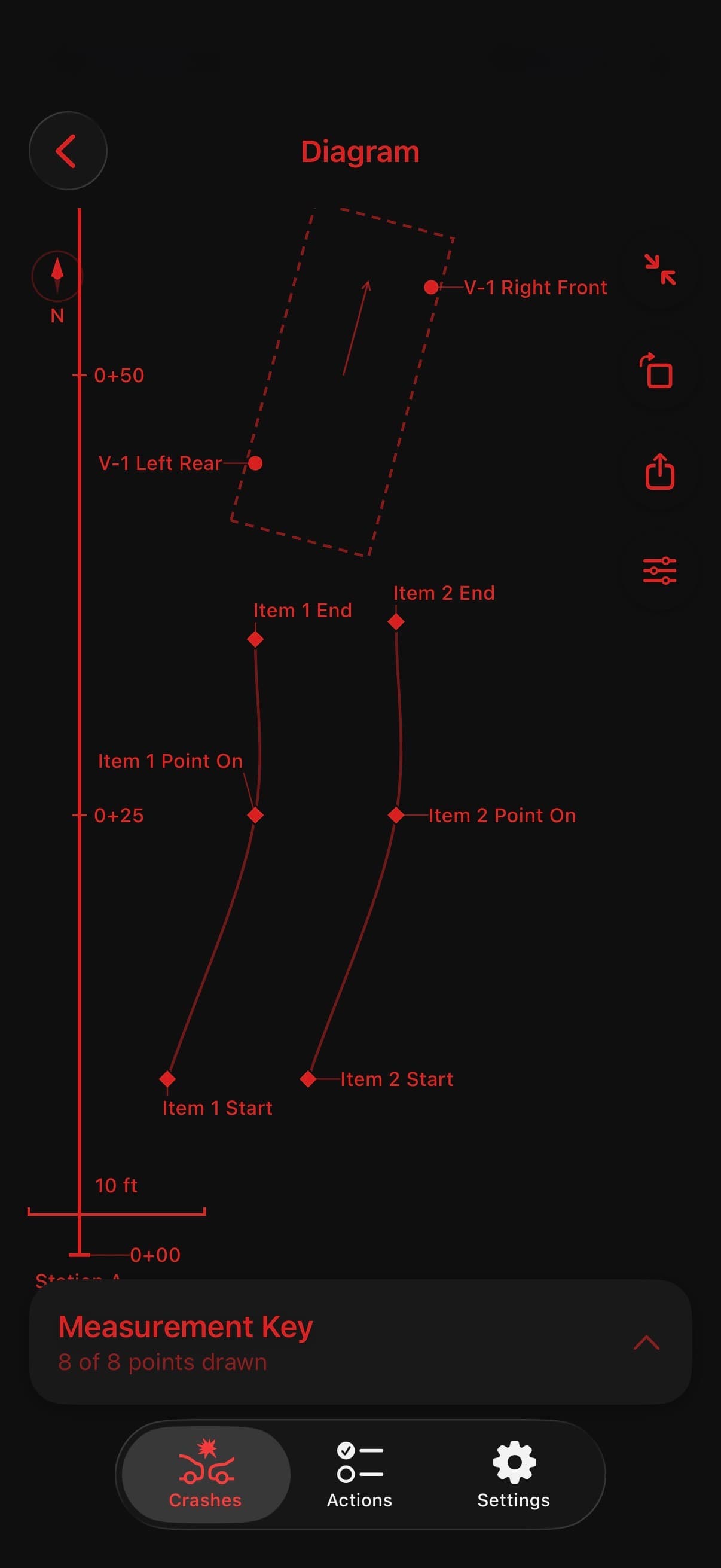 TACWAC Factual Diagram showing measured vehicles and physical evidence along a station line