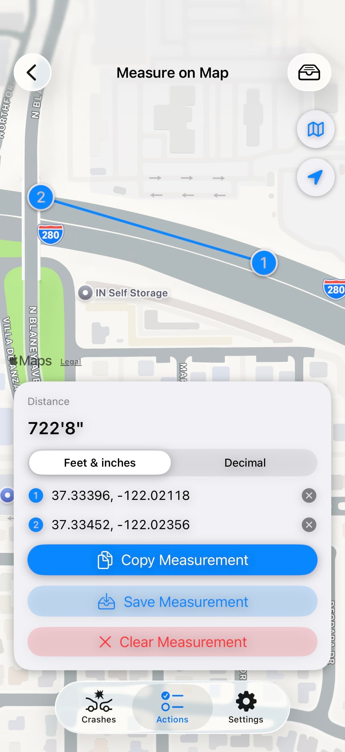 TACWAC Measure on Map screen showing a measured distance between two coordinates