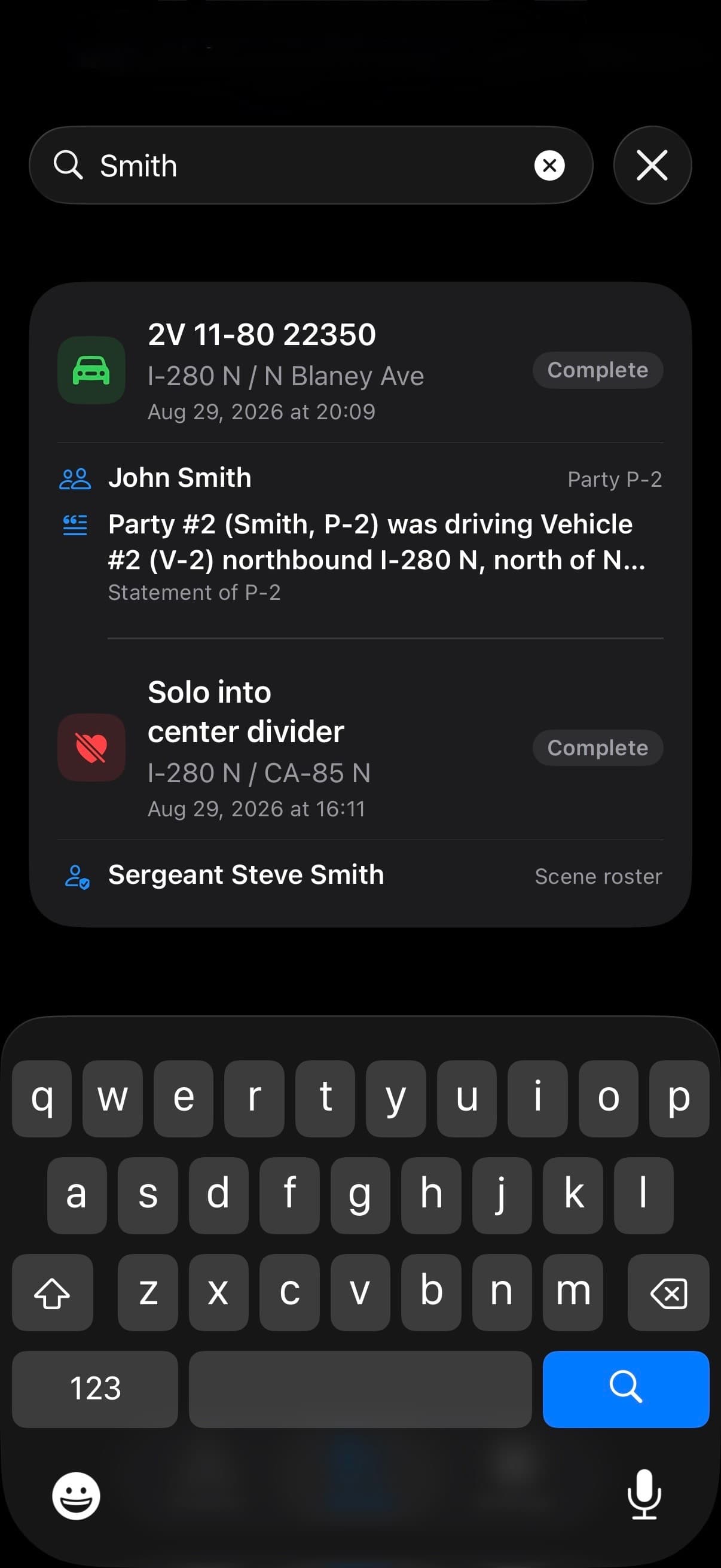 TACWAC Search Crashes screen finding a name in people, statements, and scene roster records across previous crashes