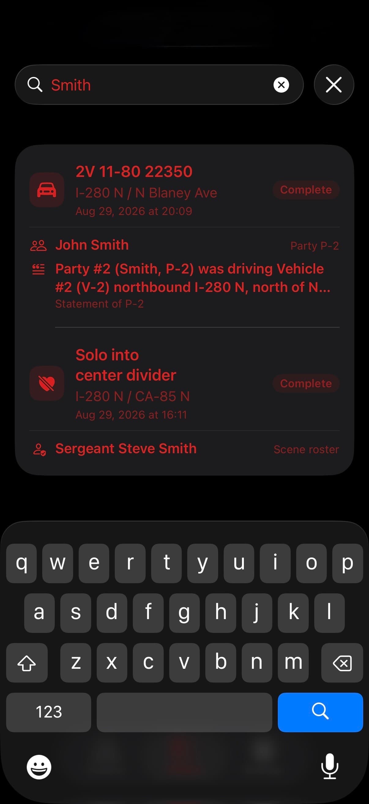 TACWAC Search Crashes screen finding a name in people, statements, and scene roster records across previous crashes