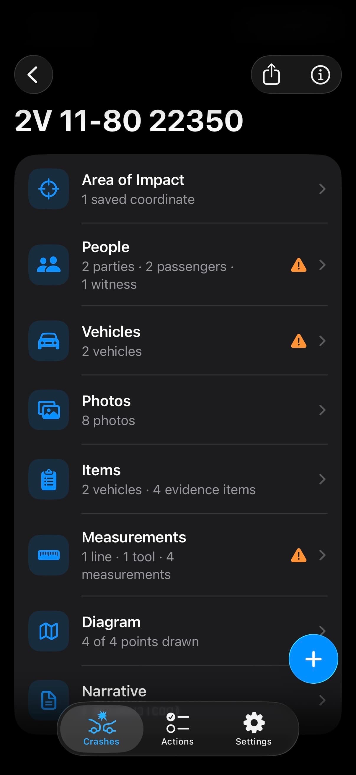 TACWAC crash workspace listing note sections including Area of Impact, People, Vehicles, Photos, Items, Measurements, Diagram, and Narrative