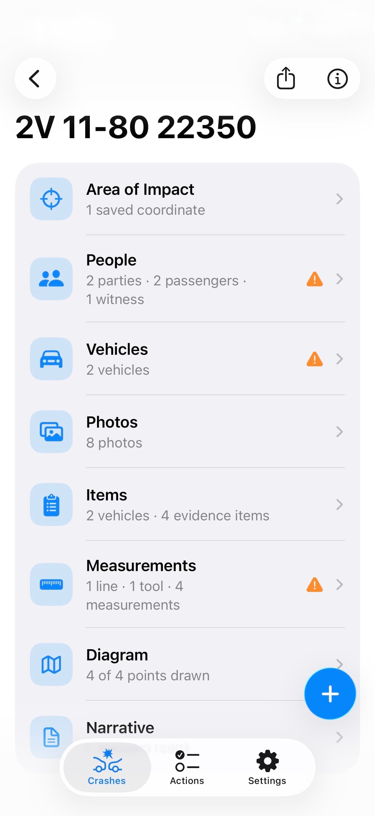 TACWAC crash workspace listing note sections including Area of Impact, People, Vehicles, Photos, Items, Measurements, Diagram, and Narrative