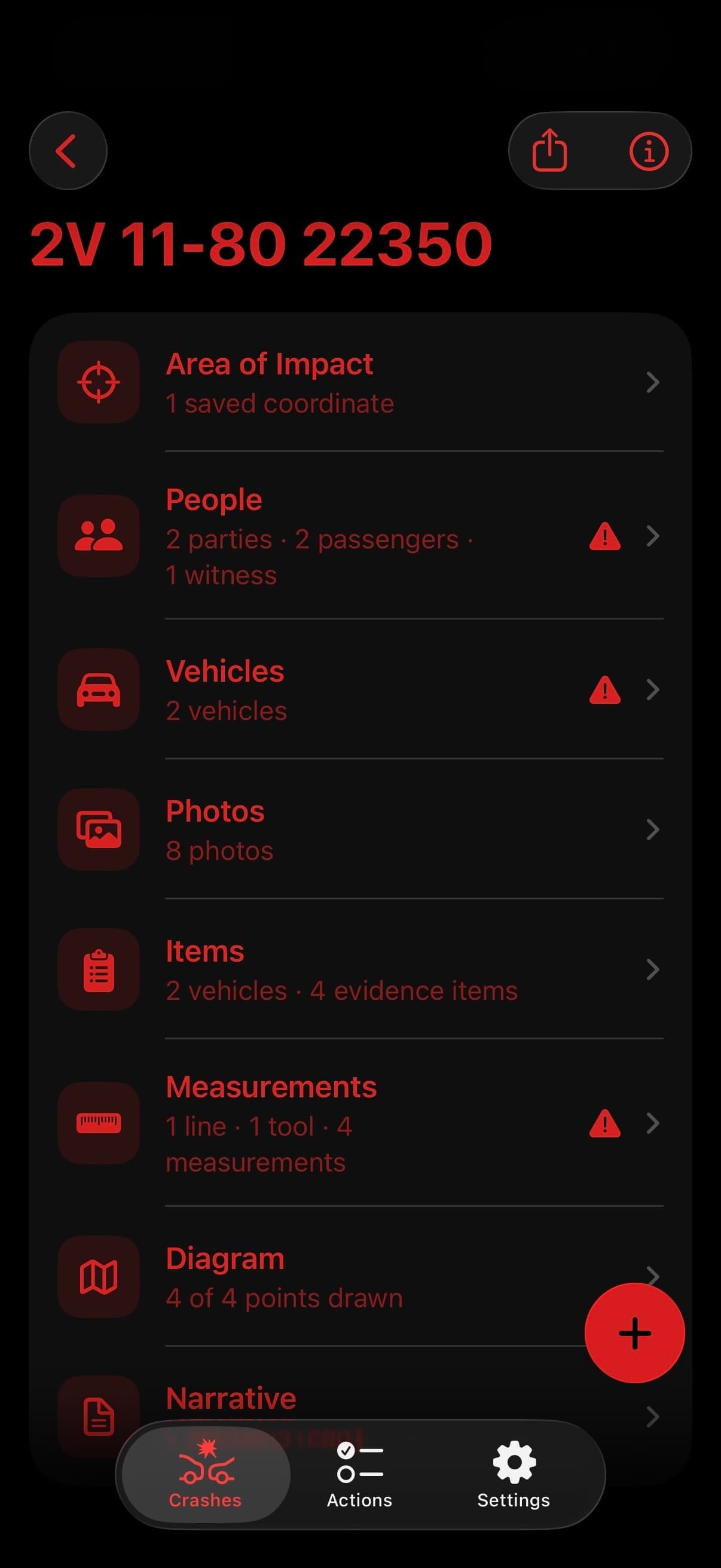 TACWAC crash workspace listing note sections including Area of Impact, People, Vehicles, Photos, Items, Measurements, Diagram, and Narrative