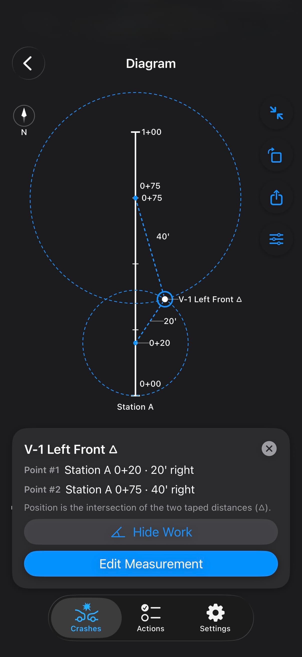 TACWAC Factual Diagram showing a triangulated point placed at the intersection of two taped distances from a station line
