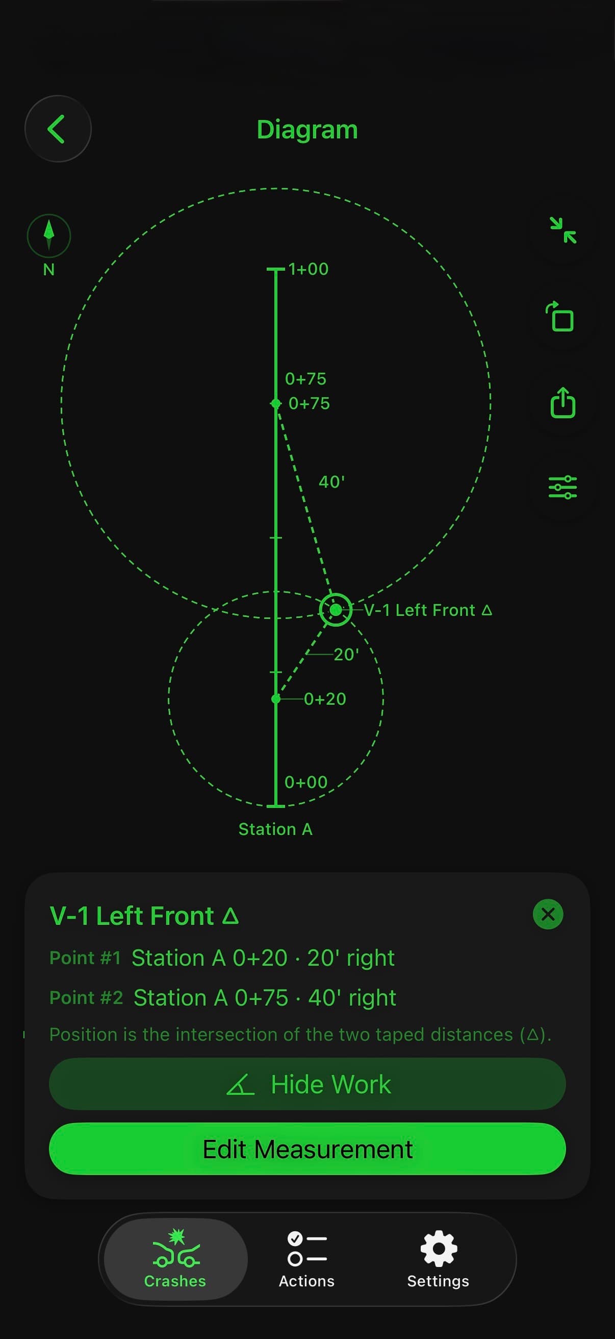 TACWAC Factual Diagram showing a triangulated point placed at the intersection of two taped distances from a station line