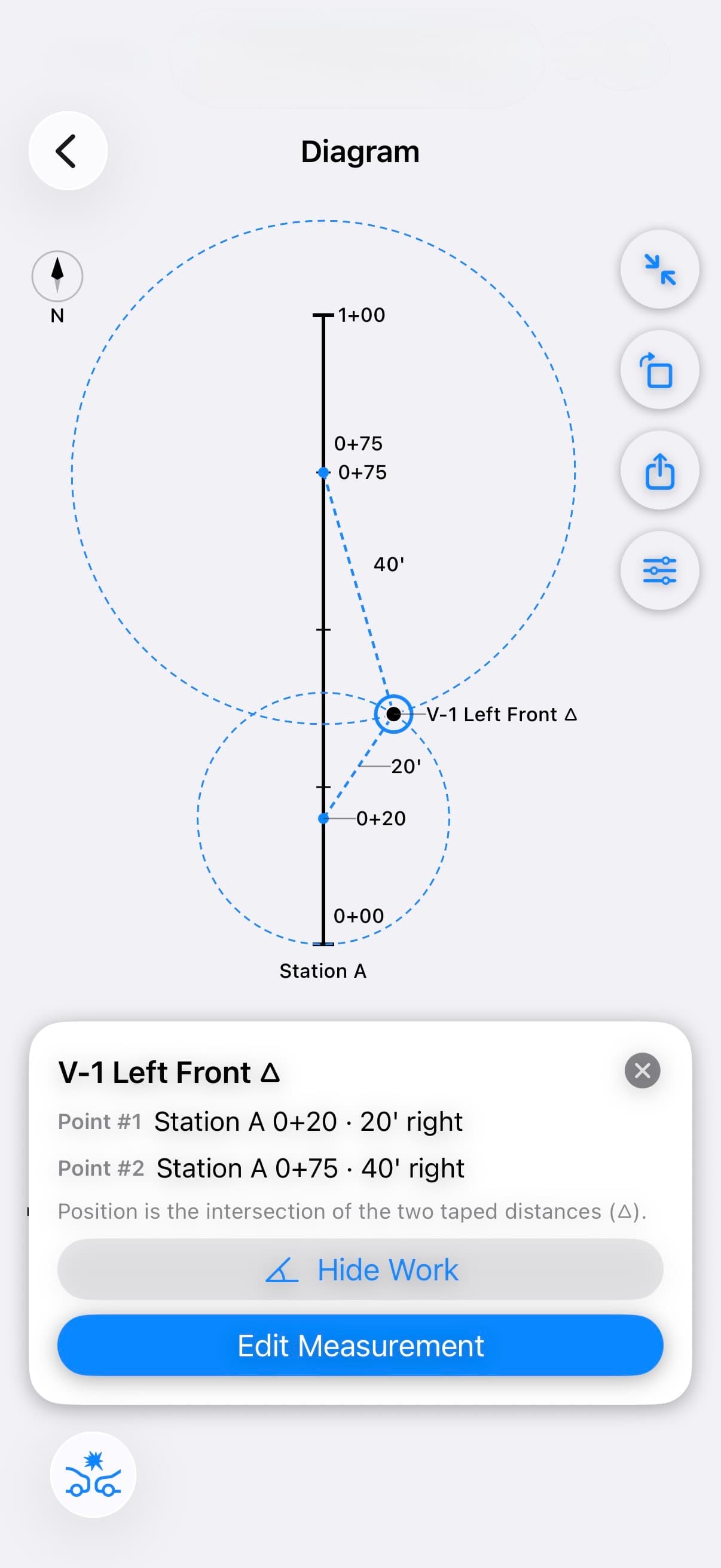 TACWAC Factual Diagram showing a triangulated point placed at the intersection of two taped distances from a station line