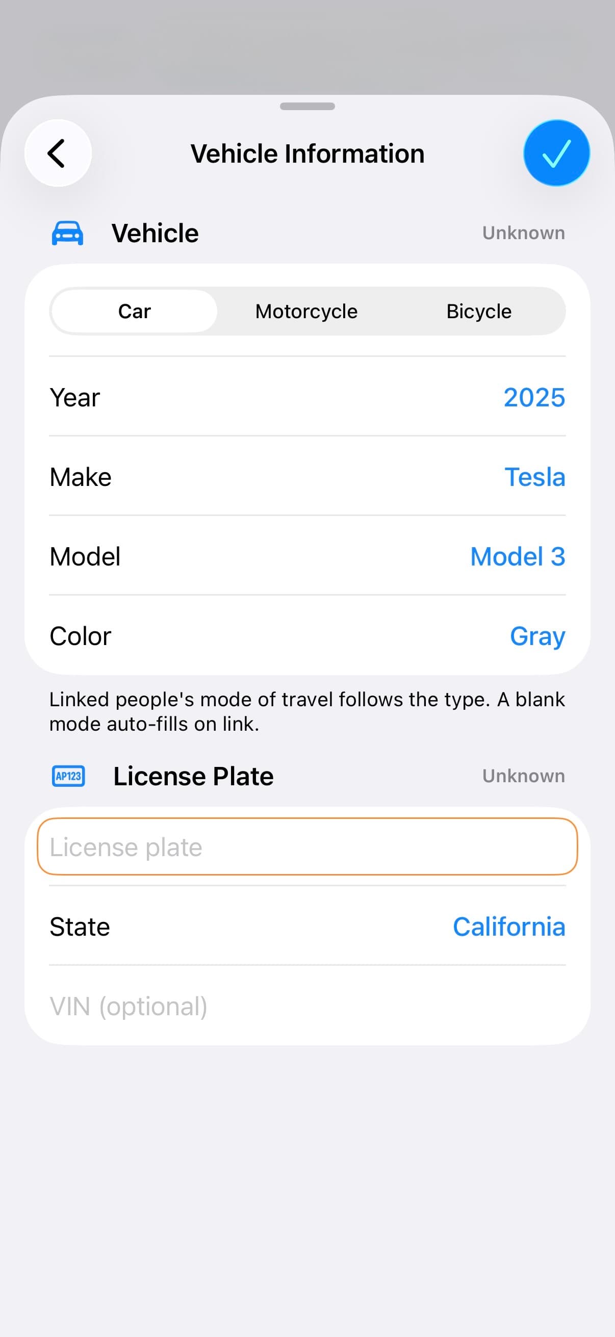 TACWAC Vehicle Information screen with vehicle type, year, make, model, color, and license plate fields